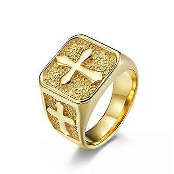 Cross Ring for Men Women Silver Stainless Steel Band Biker Jewelry Gold Plated-Gold-11