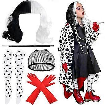 5 PCS Deville Costume Accessories SetBlack & White Wavy Curly Deville Wig for Kids Girls, Red Gloves, Spot Stockings for Halloween Cosplay, World Book