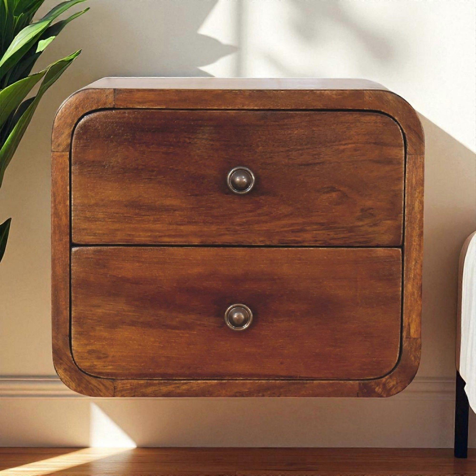 Solid Wood Floating Mini Chestnut Bedside, 2 Drawers, Dark Brown
