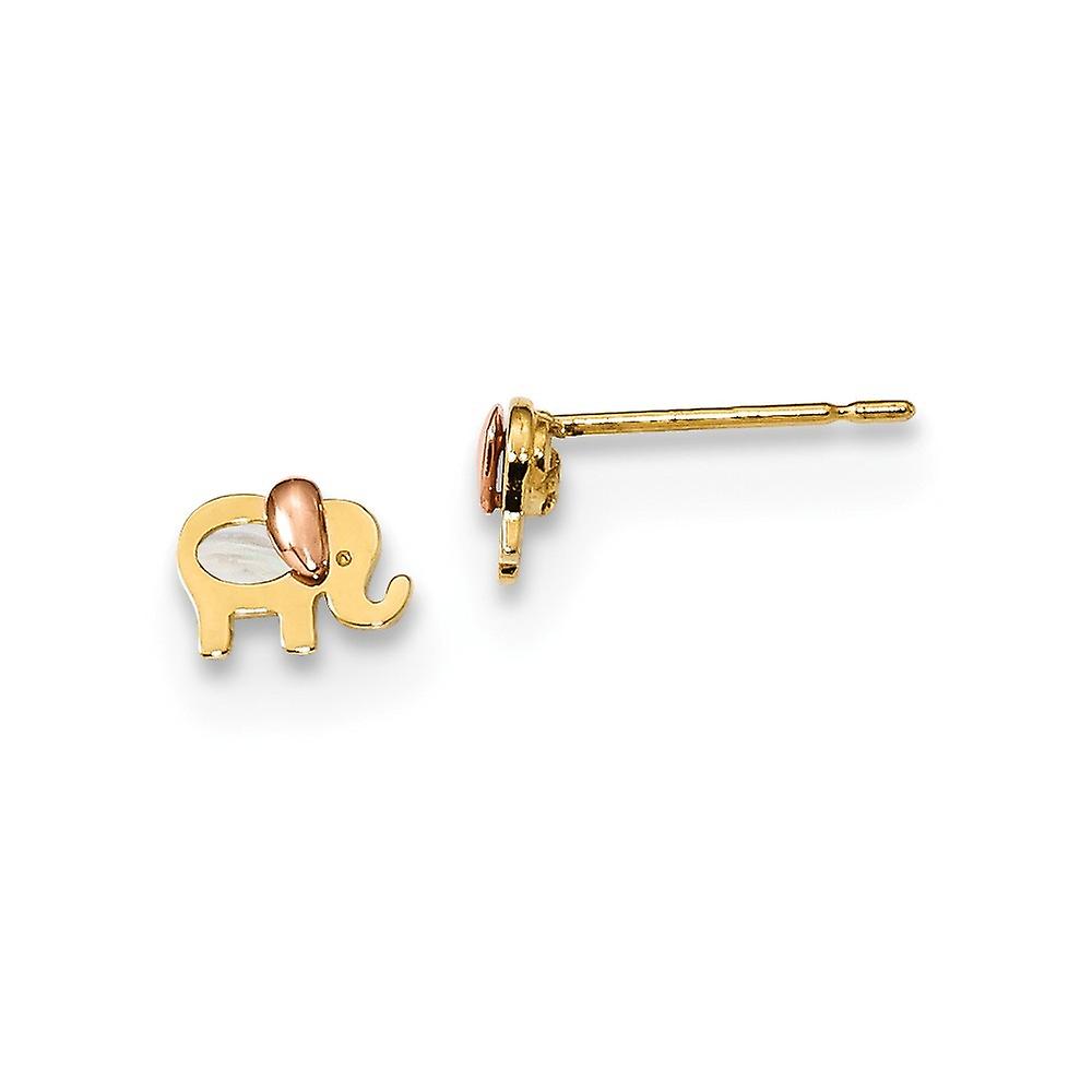 14Kソリッドゴールドツートンカラーシミュレートマザーオブパールエレファントポストイヤリング4.8x6mm Wiスタッドイヤリング