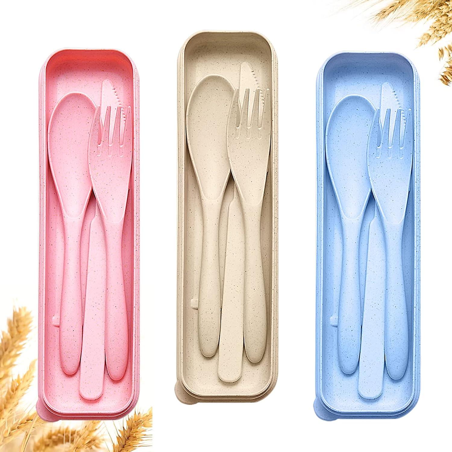 Reusable Travel Utensils Set With Case, 3 Sets Wheat Straw Portable Knife Fork Spoons Cutlery, Eco-friendly Bpa Free Plastic Tableware For Kids Adults