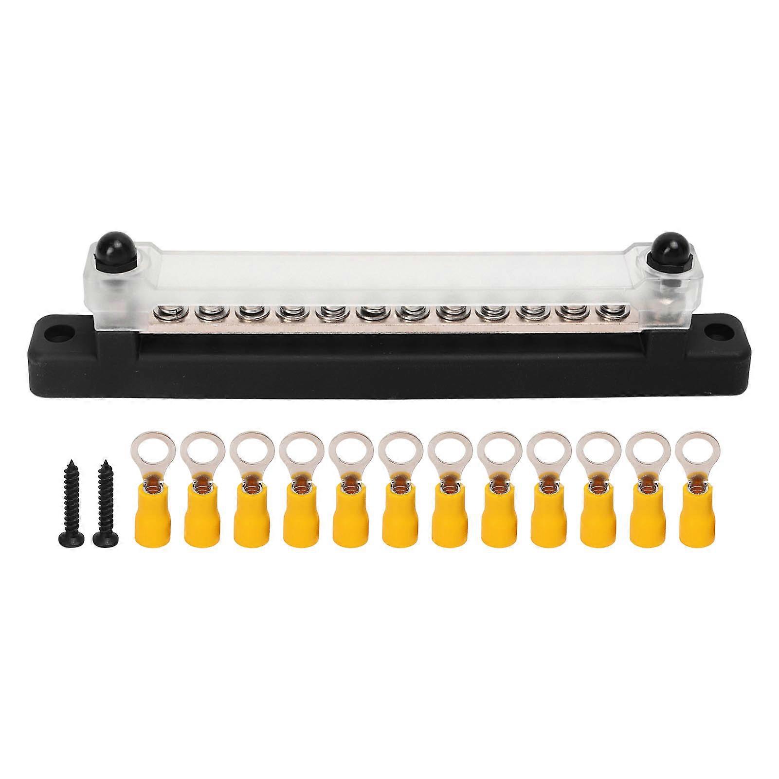 12 Terminal Power Distribution Bus Bar Set, 2 M6 Terminals & 12 M4 Screw Terminals, Battery Terminal Box for Cars, RVs, Boats, Yachts, Black