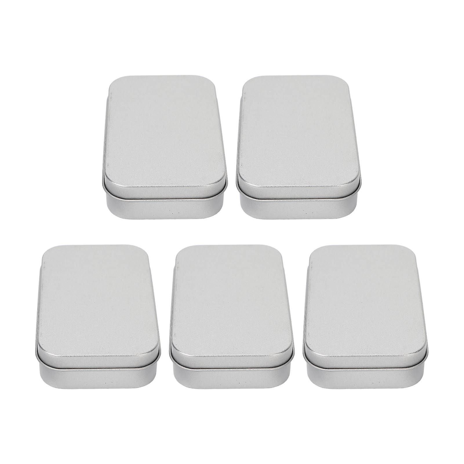 Set of 5 Empty Rectangular Silver Metal Tins for Pins, Jewelry, Crafts, Reusable Portable Containers