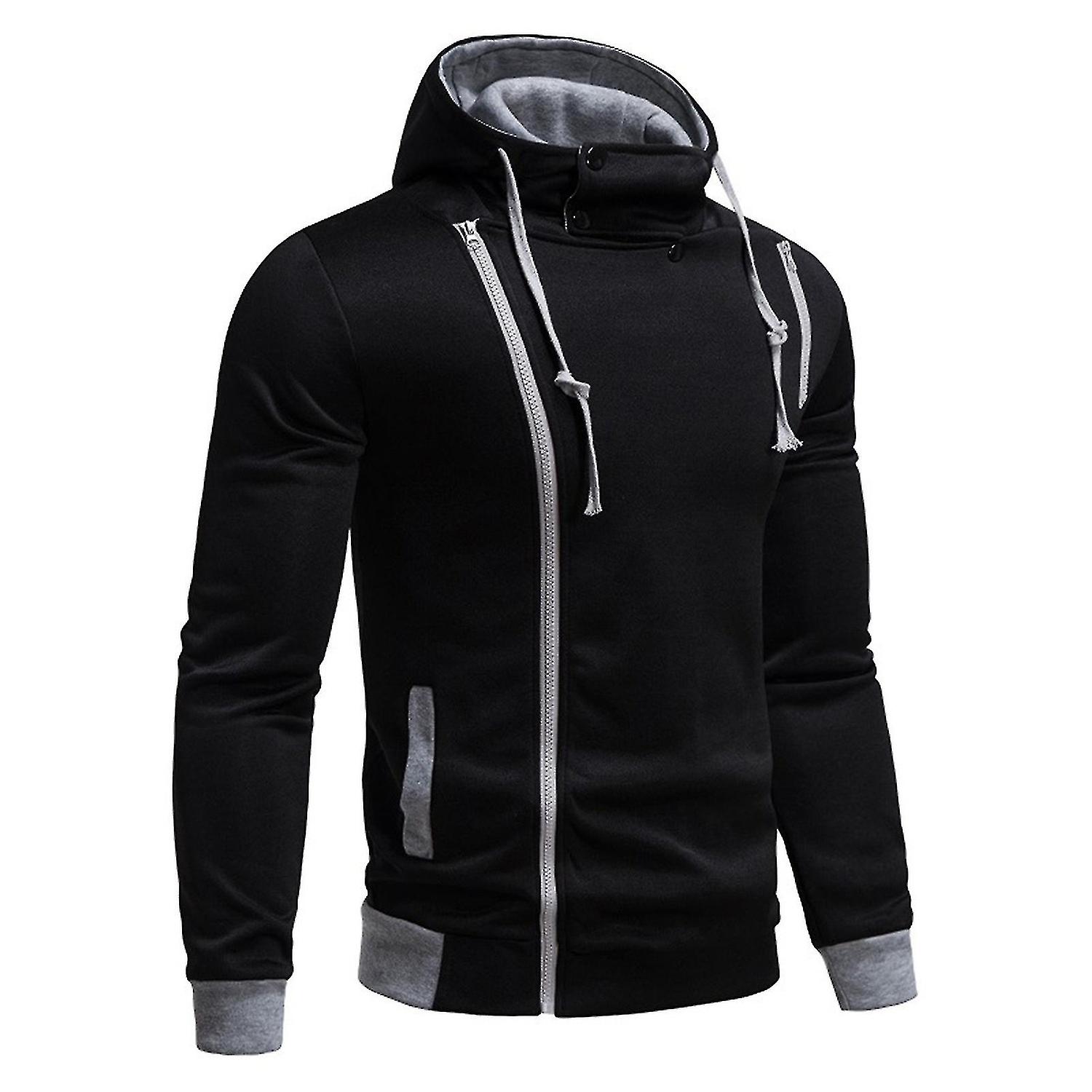 Män Fall Hoodie Sned Dragkedja Långärmad Huva Kontrastfärg Elastisk Manschett Dragsko Asymmetrisk