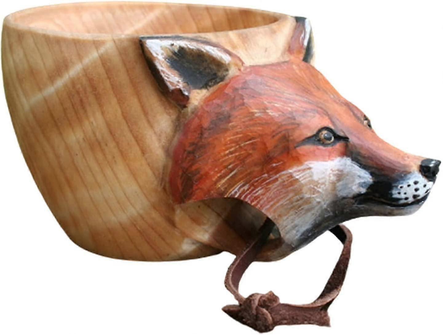Tasse en bois sculptée à la main avec image de tête d'animal, idéale pour les voyageurs et les amateurs de camping en plein air