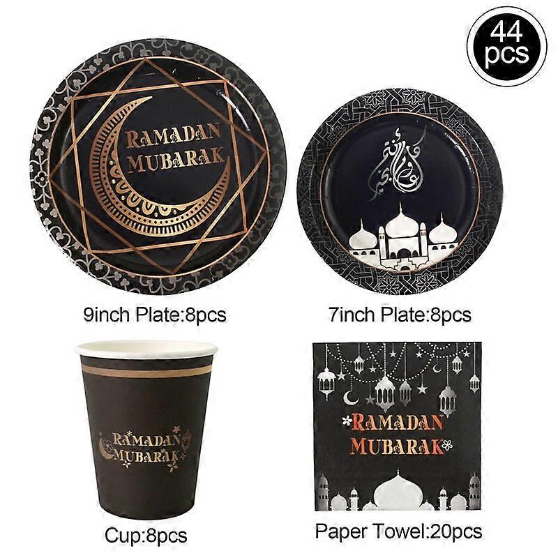 이드 무바라크 블랙 골드 식기 스타 문 라마단 장식 이슬람 무슬림 이드 알 아드하 파티 용품 라마단 카림 장식