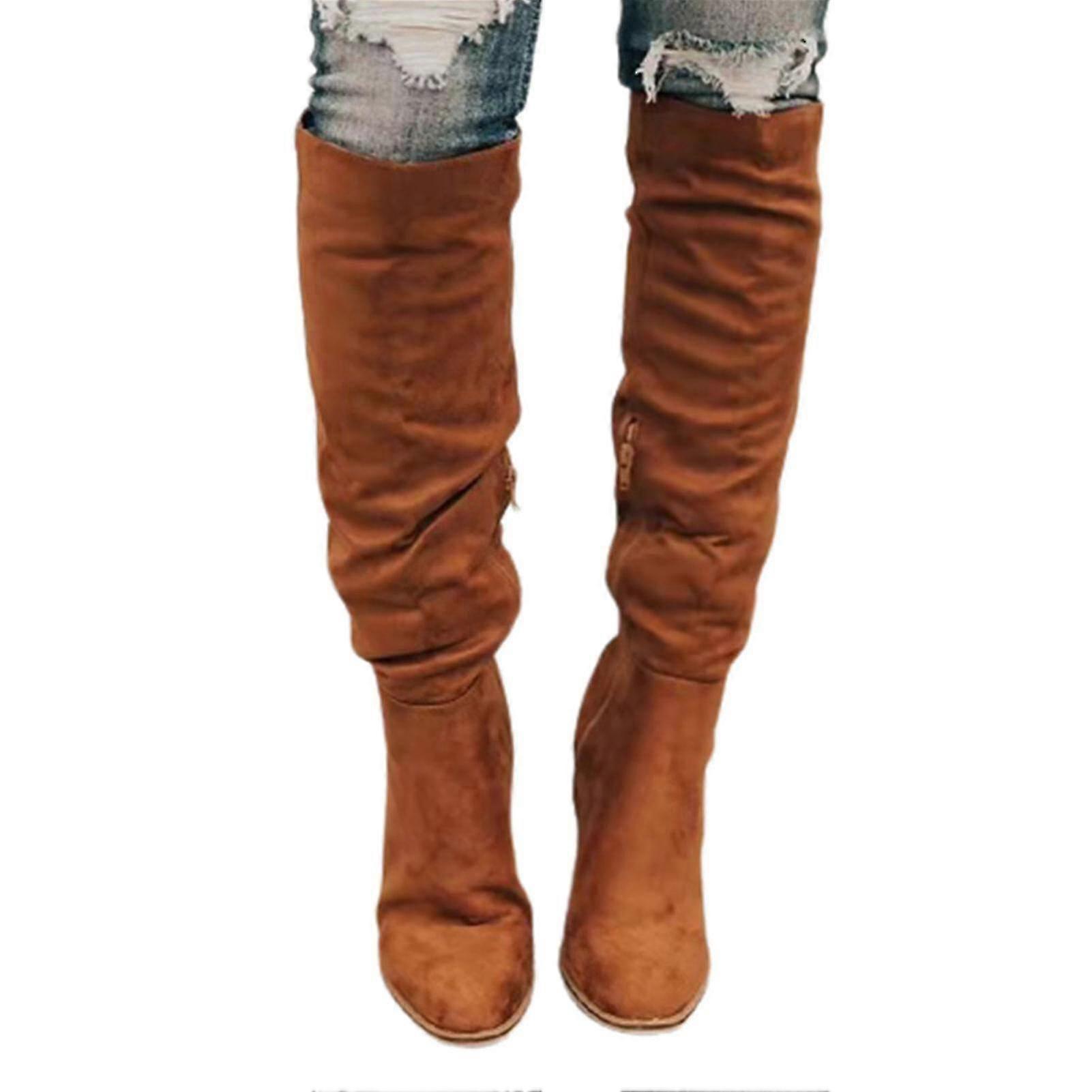 Dámské semišové boty na zimu, dlouhé boty nad kolena s tlustým podpatkem, snadno se nazouvají, módní