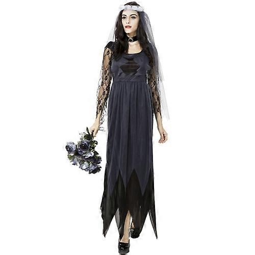 ハロウィーンコスチューム女性レースシフォンブラックドレスゴーストブライド服コスプレゲームユニフォーム