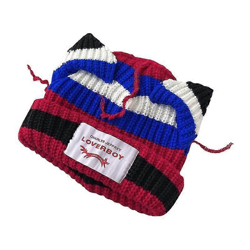 Wabjtam Cute Pig Ears Hat Knit Hat Winter Red+blue