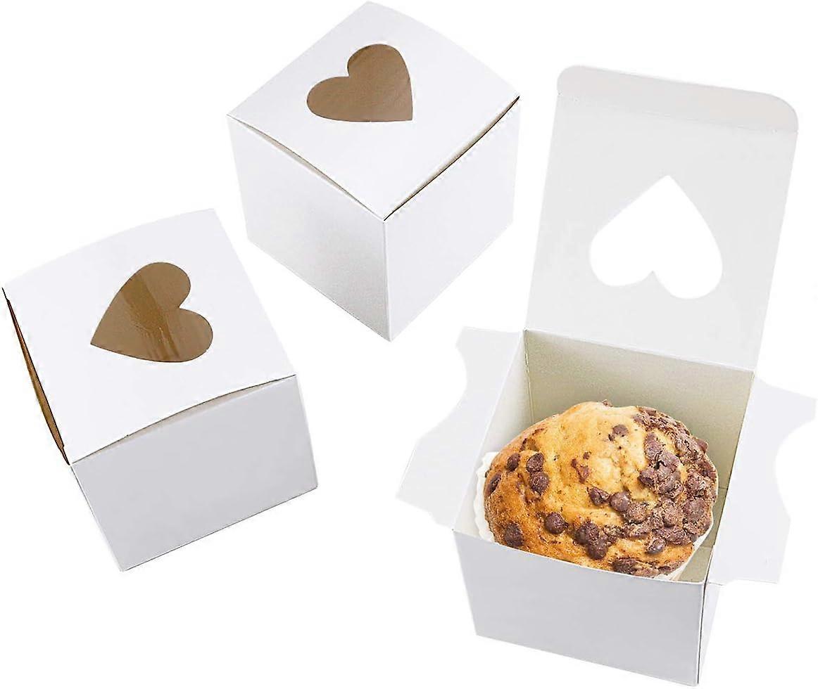 50 Pack 3" Mini Individual White Cupcake Box with Heart Shaped Window,Small Single Favor Bakery Candy Paper Box Container