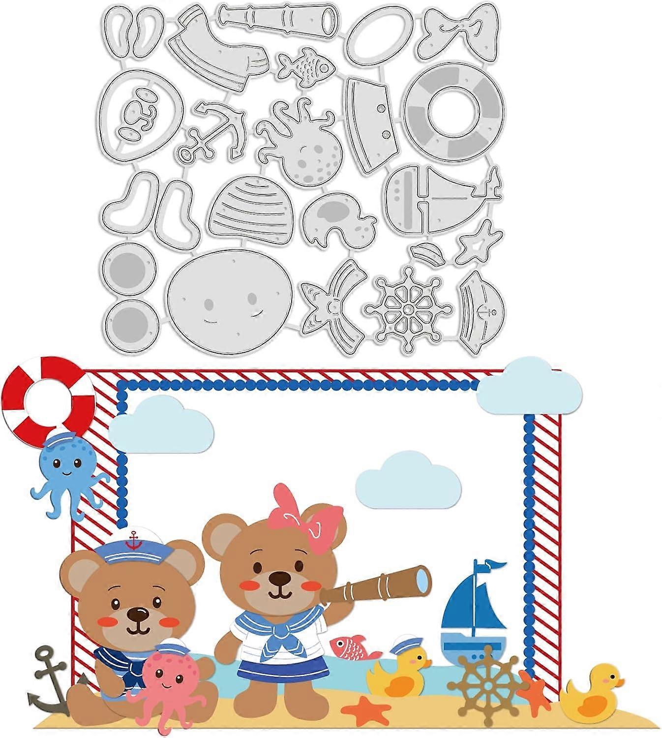 1Sheet Animal and Sailor Bear Cut Dies Boat and Fish Embossing Template Octopus and Telescope Die Cuts for Card Scrapbooking Card DIY Craft