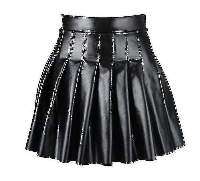 Women"s High Waist Pu Leather Pleated Solid Short Kirt