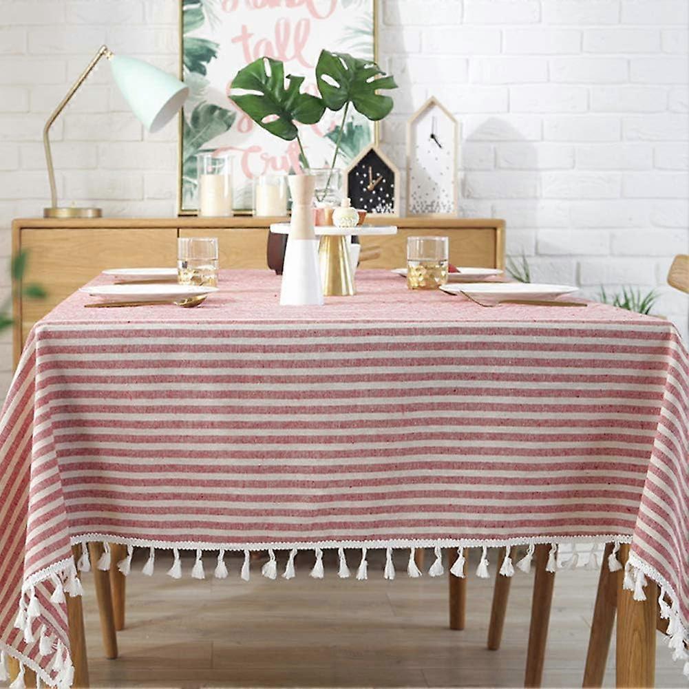 Dww-Nappe  pompons  rayures en coton et lin rsistant aux taches/(Rectangle, 55 x 71 pouces, rouge) Housse de table impermable  l'eau et  la poussire p