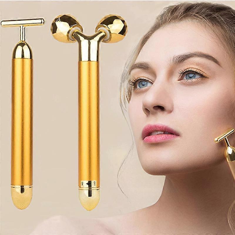 2 IN 1 Face Massager Roller Gold Facial Massager Electric 3D Face Roller and T Shape Arm Eye Nose Head Massager Instant Face Lift