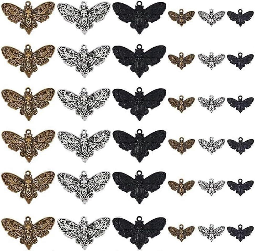 36Pcs 6 Style Alloy Pendants Moth with Skull Mixed Color 13.5~27x20~43x2~3mm Hole: 1.4~2.3mm 6pcs/style