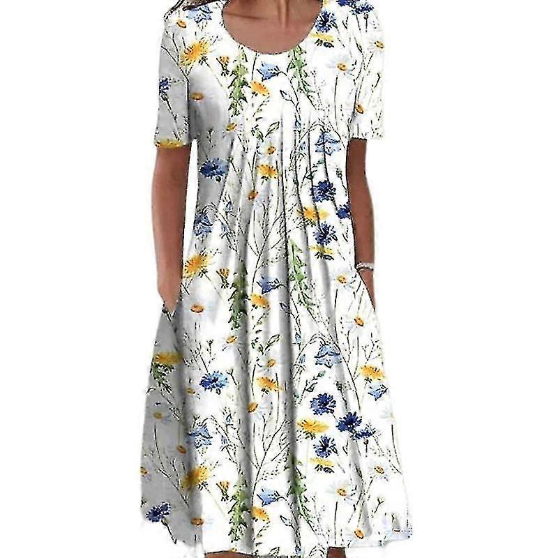 Kevät/kesä kukkaprintti pyöreä kaula-aukkotasku keskipitkä mekko naisille