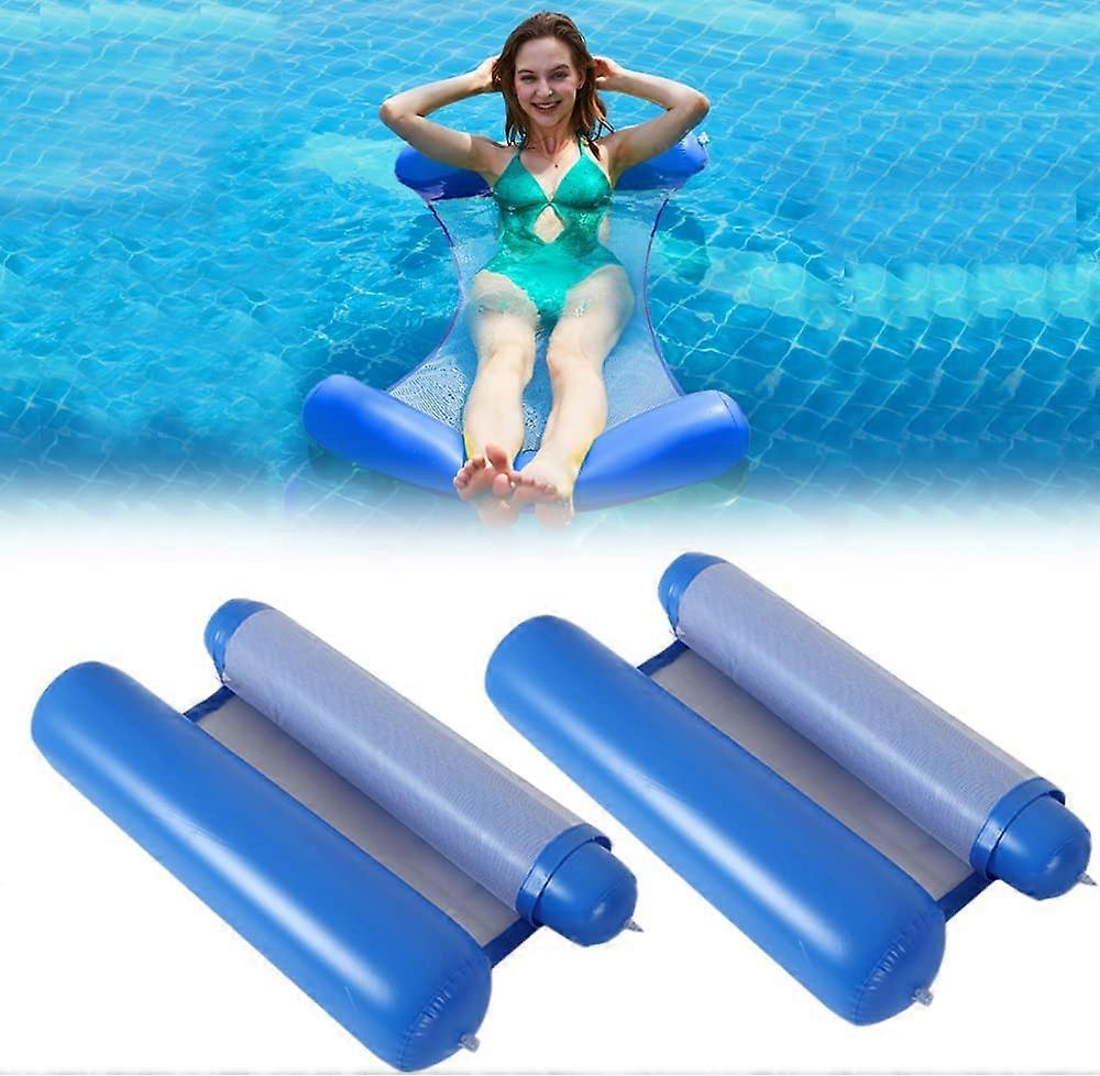 Set med 2 mörkblå hopfällbara poolsängar för vuxna och barn.