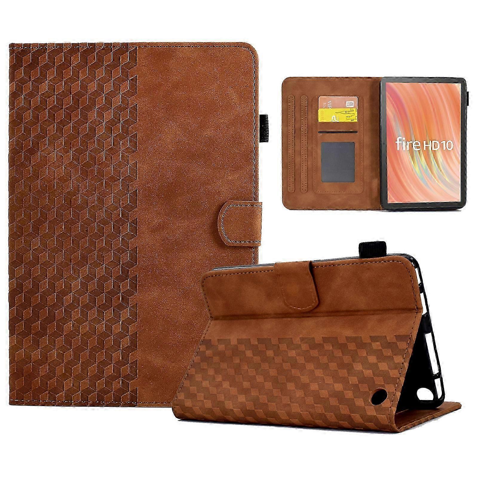 For Amazon Fire HD 10 (2023) Leather Case Block Pattern Imprinted Card Slots Tablet Cover