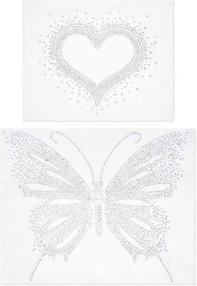 2 Sheets Heart Shape Clear Rhinestone Iron on Hot fix Decal Transfer Heart Bling Butterfly Rhinestone Face Gems Clear Rhinestones Kit for Clothes Shoe