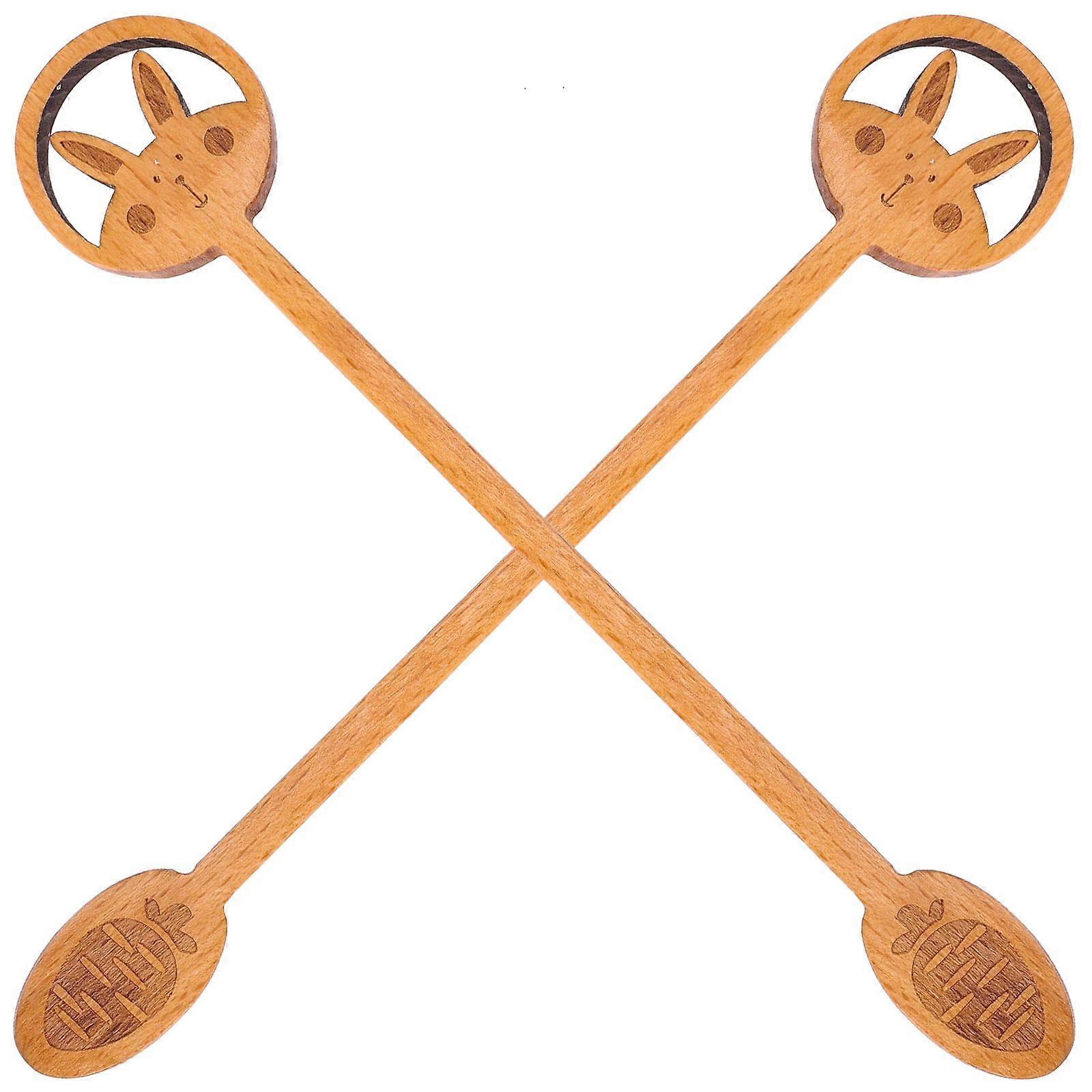 2pcs Easter Pattern Easter-themed Coffee Spoon Easter Rabbit Design Wooden Mixing Spoon for Easter Party