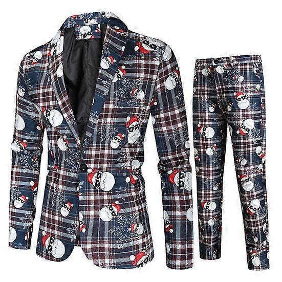 2 Pcs/Set Jacket Pants Suit Cartoon Santa Snowflake Print Plaid Pattern Color Matching Lapel Long Sleeve Single Button Straight Leg Coat Trousers Set
