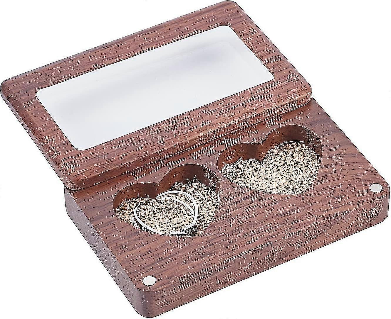 Double Heart Ring Box, Rustic Ring Bearer With Enclosure Engraved Wooden Pillow Ring Holder SX