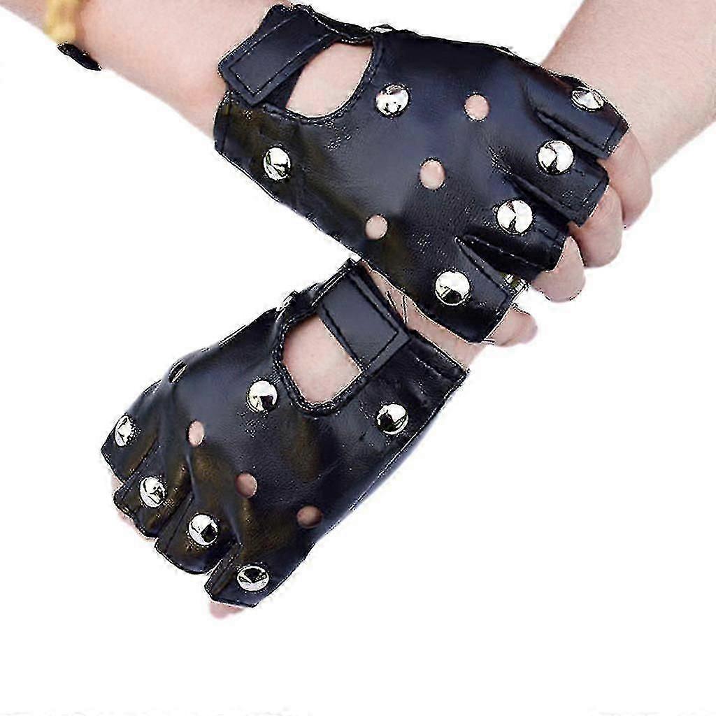 Disco Dancing Rock And Roll Black Fingerless Gloves Faux Leather Studs Mittens