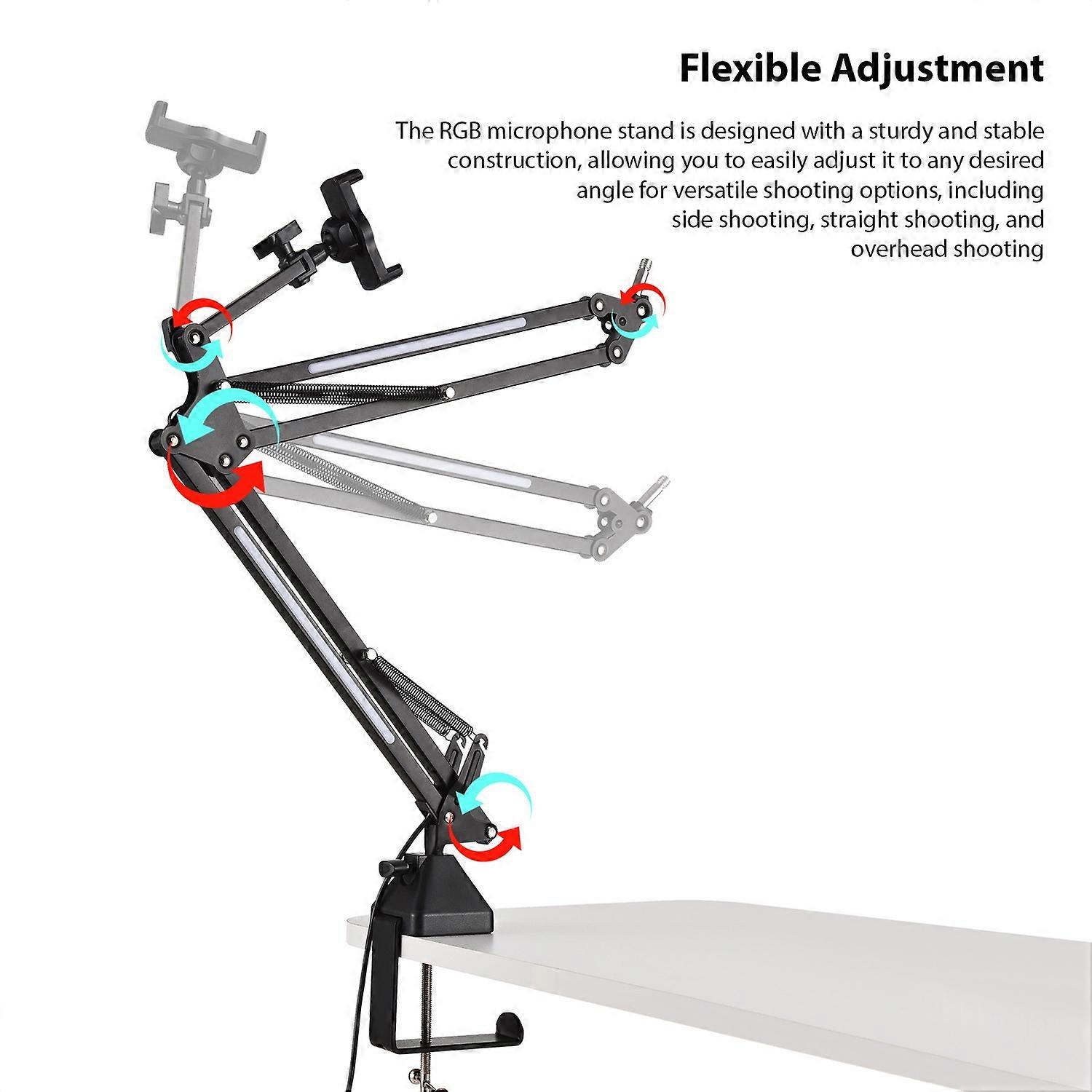 Microphone Stand Boom Arm with Phone Stand 120 RGB LED Beads Lighting Adjustable Brightness Vibratio