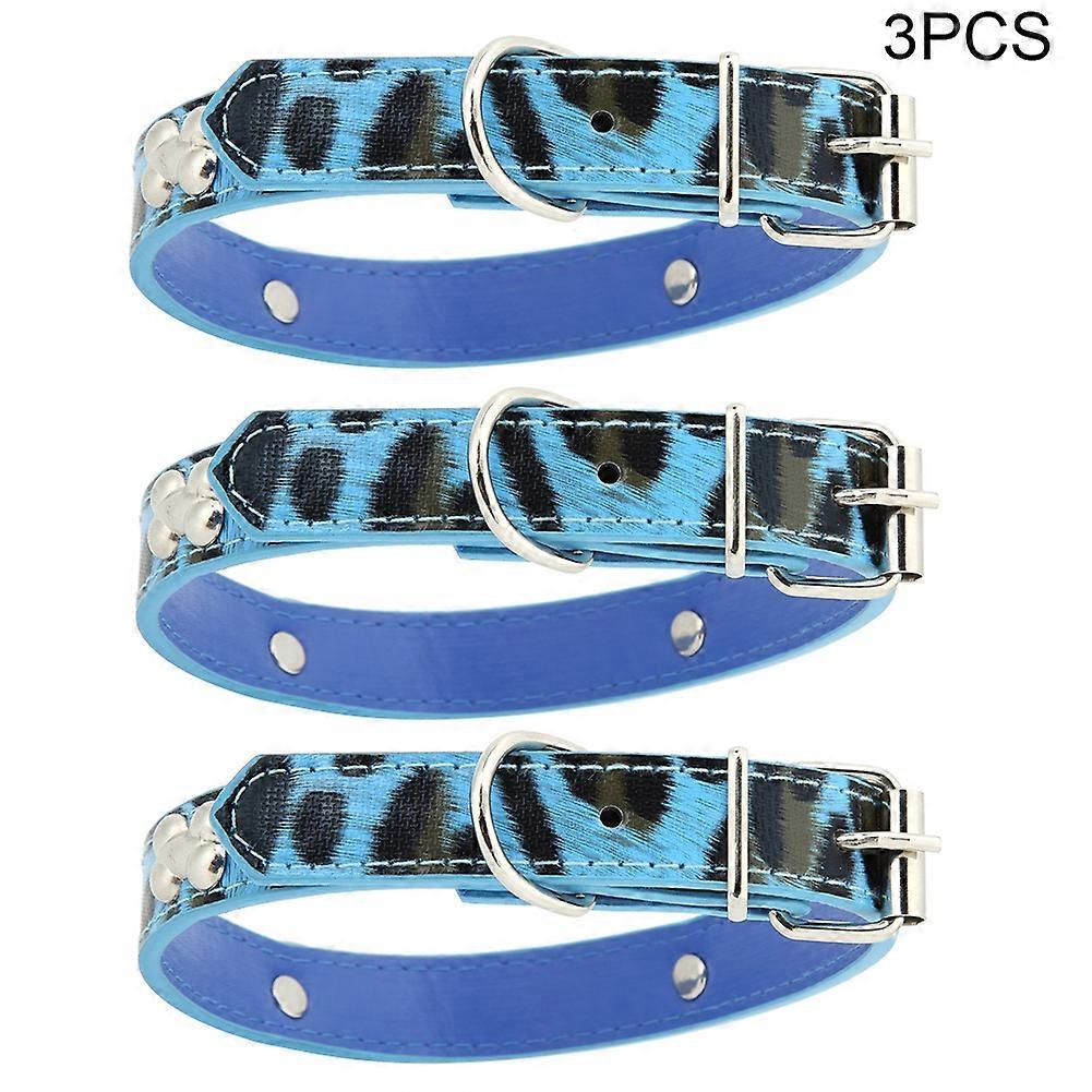 3Pcs Artificial Leather Pet Adjustable Collar with Leopard Print for Small Dog Blue