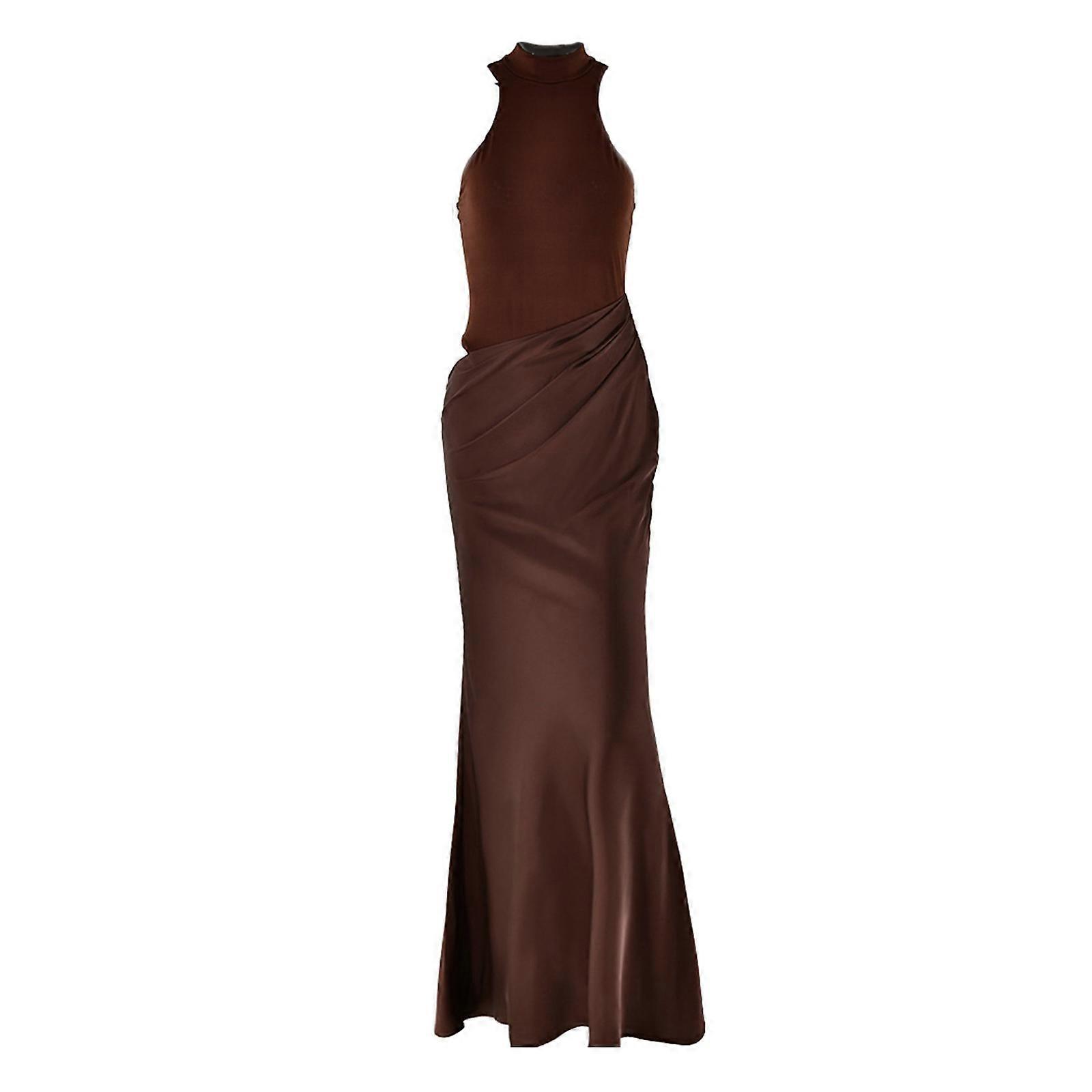 Women Sleeveless Halter Mock Neck Ruched Maxi Dress with Splicing Design  Cutout Wrap Hip Robe Gown for Cocktail Parties brown S | Fruugo UK