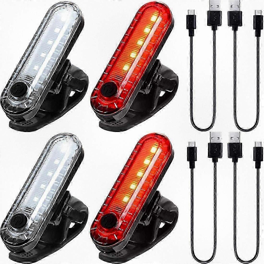 USB Rechargeable Bicycle Light Set with 4 Modes, Includes 4 Lights and USB Cables (Red/White)
