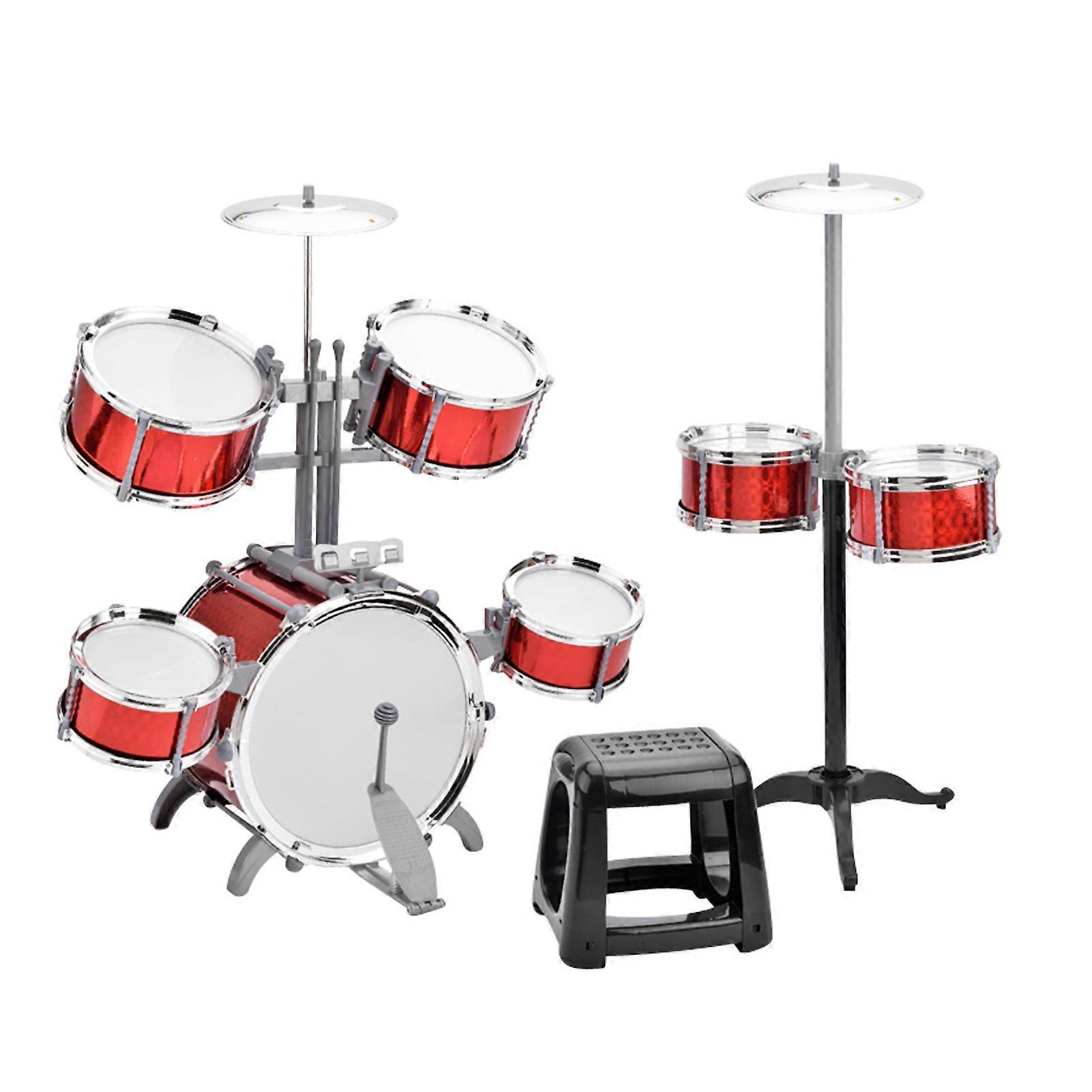 Drum Set Jazz Drum Kit with Stool 7 Drums Musical Percussion Instruments for Beginner Holiday Gifts Thickened PVC Drumhead Easy Installation