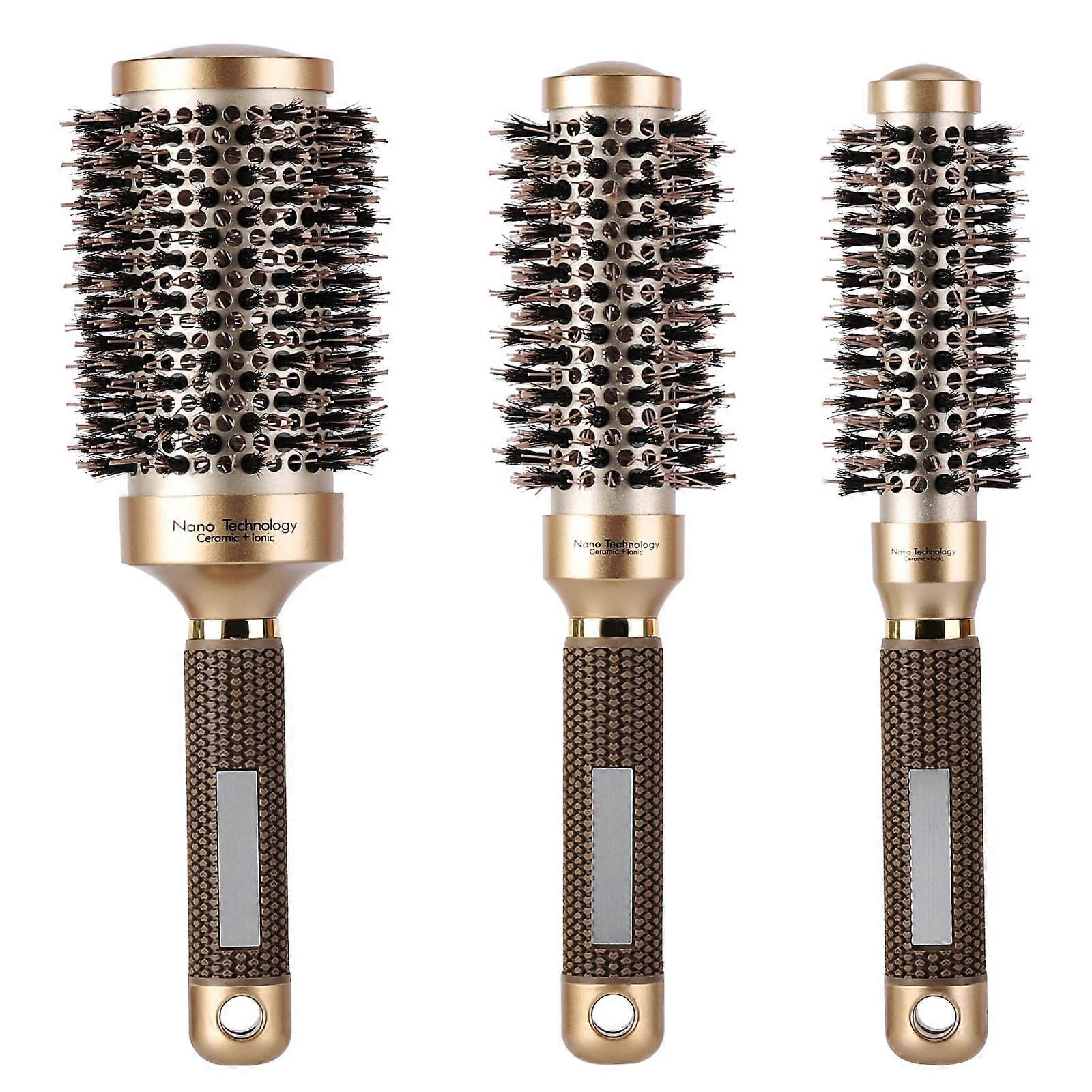 Boar Bristle Round Brush Set 3-Piece Large Medium Small Nano Thermal Ceramic Ionic For Blow Drying Curling Straightening
