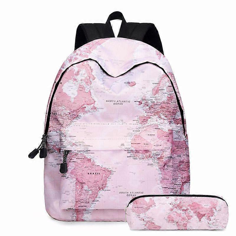 2020 New 2pcs World Map Printing Backpack Laptop Daypack Bookbag with Pencil Case Set Travel Daypack Student Rucksack