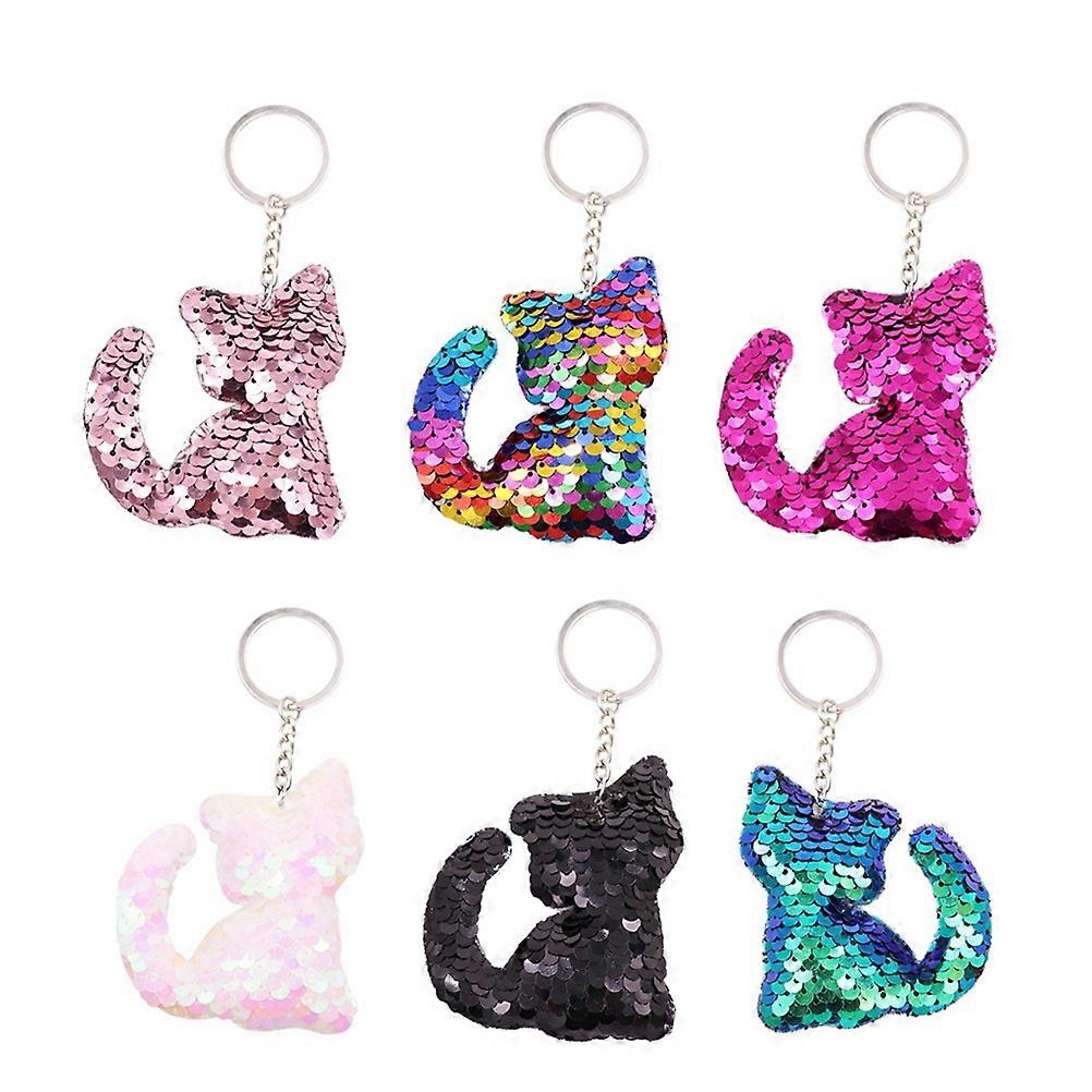 6PCS Sequins Cat Keychain Set Fashion Pendant Key Ring for Bag, Phone, Car Decoration Ideal for