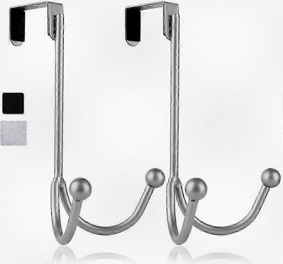 Set of 2 Double Hooks for Over the Door, Twin Metal Organizer for Hanging Coats, Hats, Bathrobes, and Towels - Silver Suitable for Various B