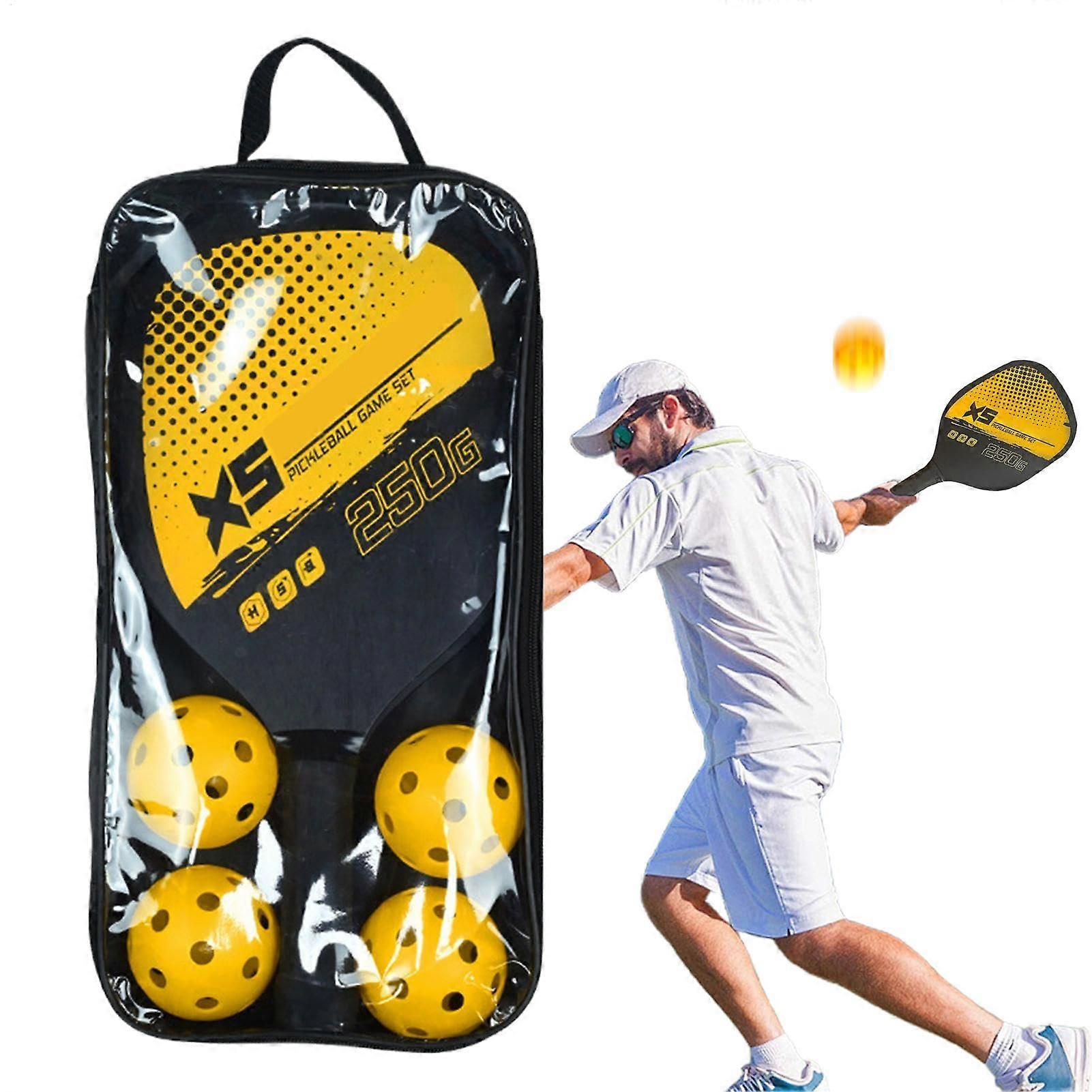 Paddle Ball Set with Comfort Grip - Includes 2 Paddles, 2 Rackets, 4 Yellow Pickle Balls - Durable Outdoor Game Equipment