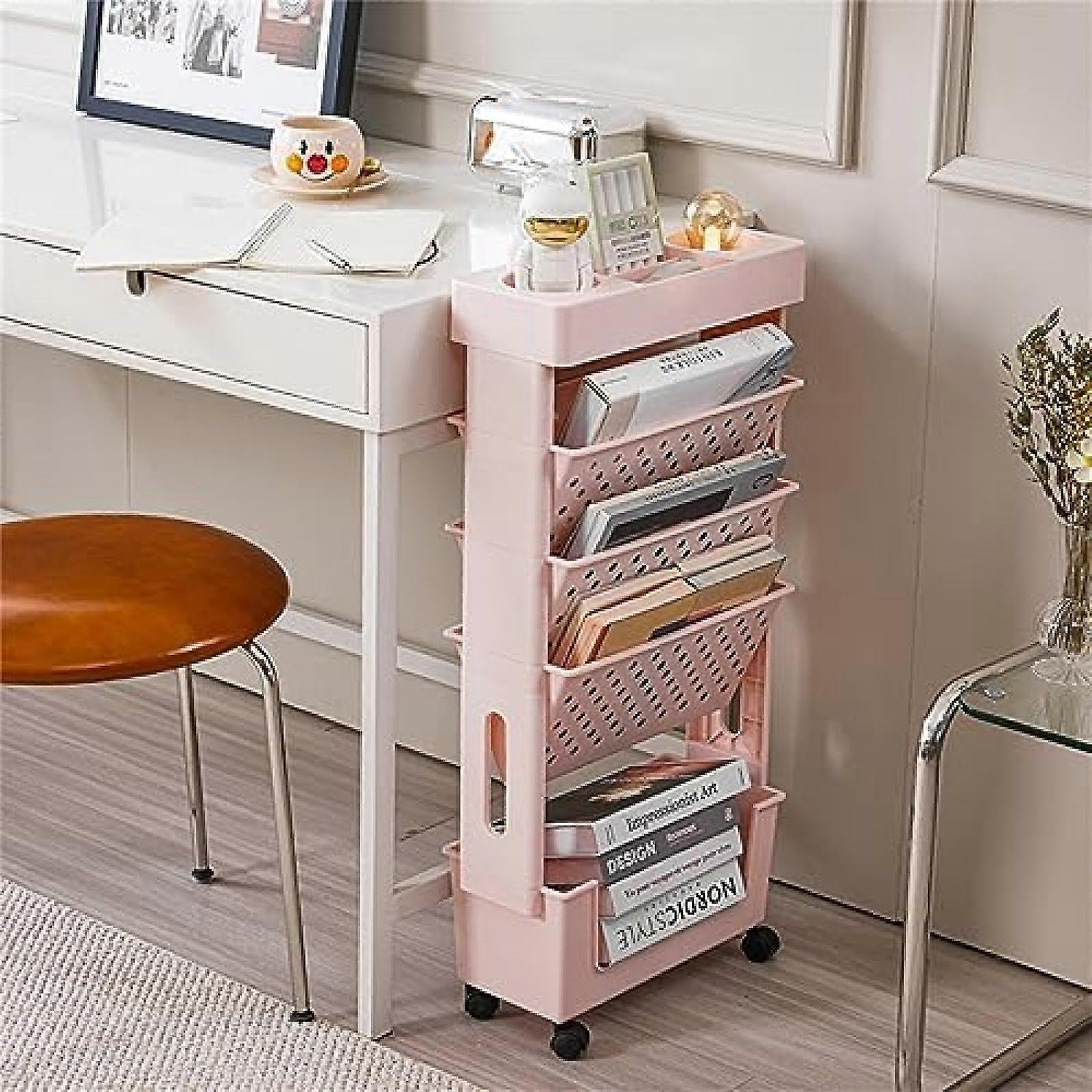 Magazine Rack, Mobile Bookcase on Wheels, Book Cart with Wheels, 5Tier Standing Shelf, Pink
