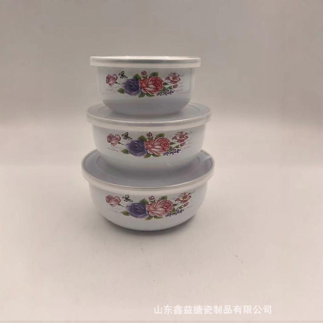 3pcs Vintage Enamel Bowls with Lids Thickened Food Storage Mixing Bowls for Salad Rice and Soup for Home Restaurant and Picnic Use (300ml, 500ml, 750m
