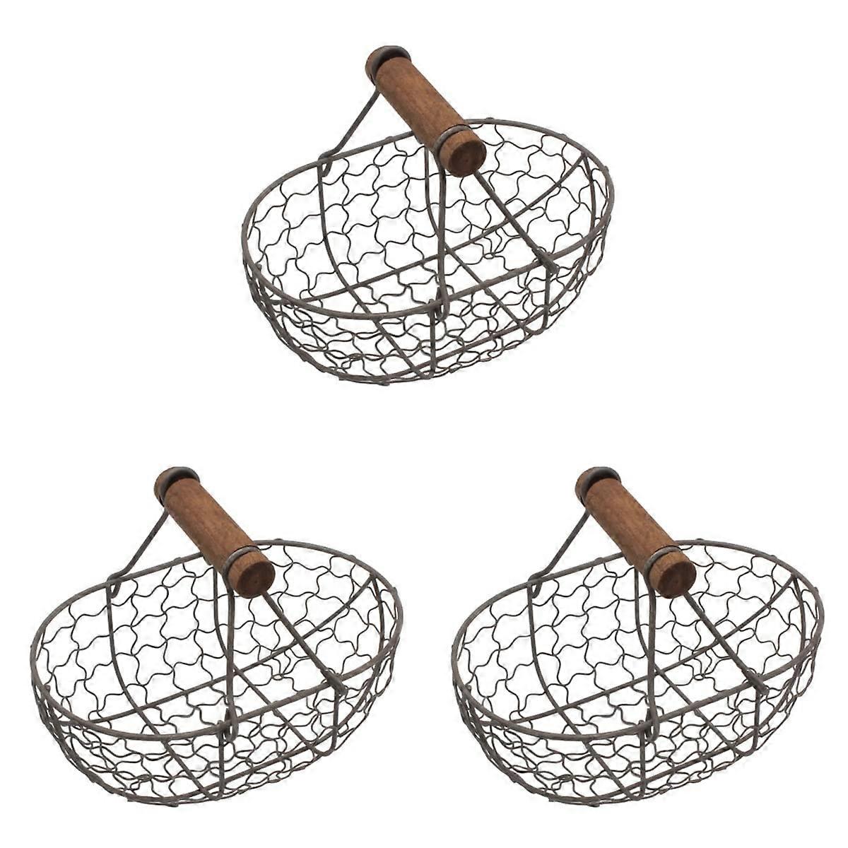 Wire Egg Basket Set of 3 with Wooden Handle Vintage Style Egg Collection Baskets for Chicken Eggs and Vegetables