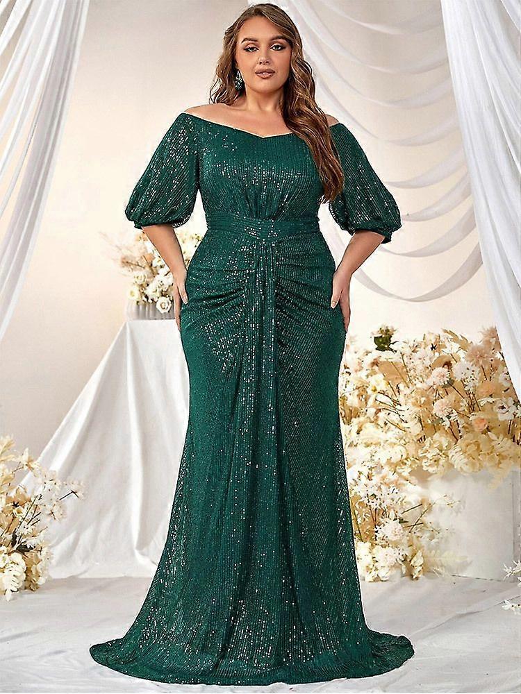 Plus Size Evening Dress Sequined Elegant V-Neck Mid-Sleeve Large Swing Slim  Fit Dress Banquet Dress