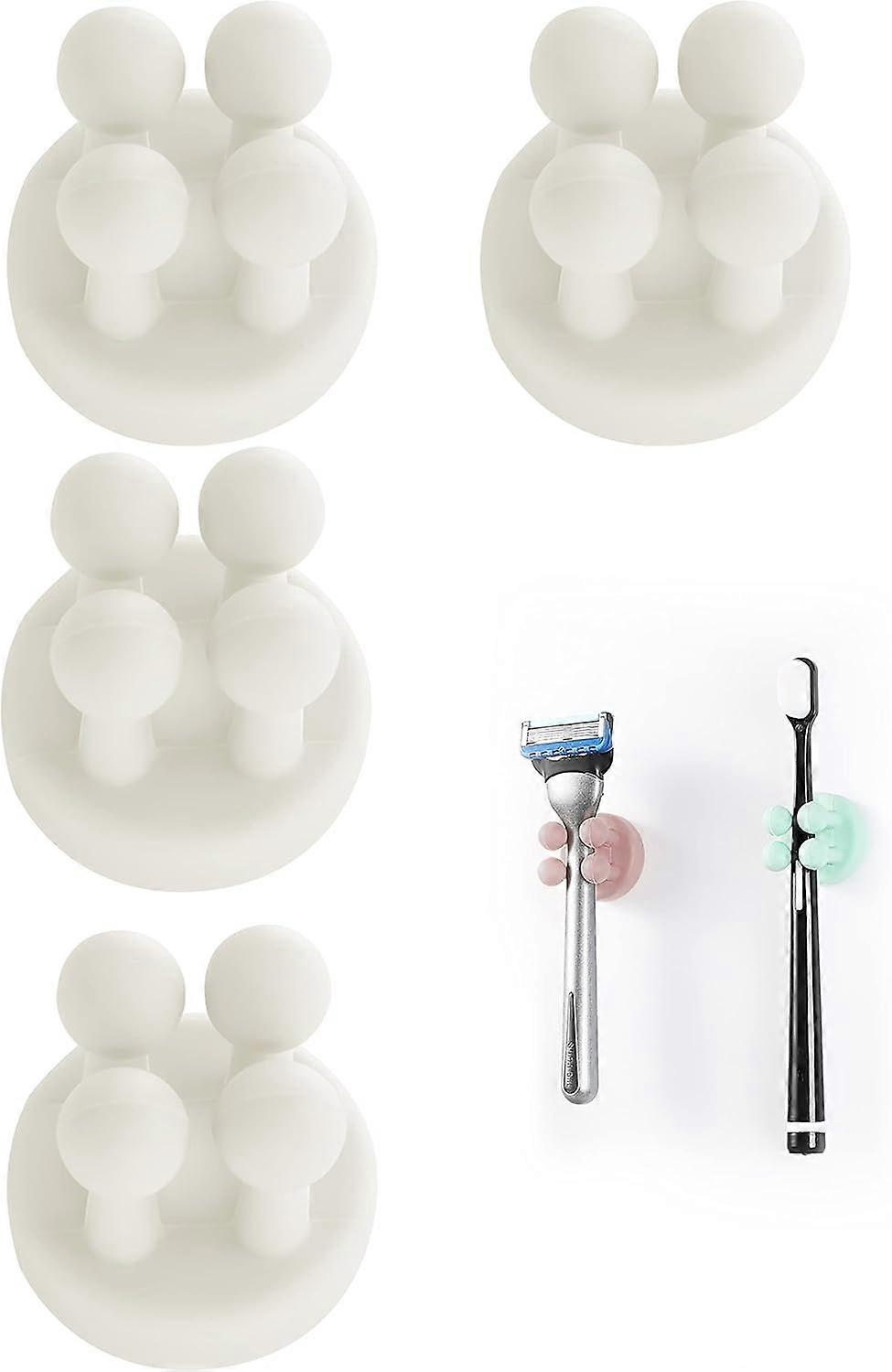4-pack silicone toothbrush holder, razor holder, multi-function hook, waterproof self-adhesive, plug holder suitable, wall hanging，White