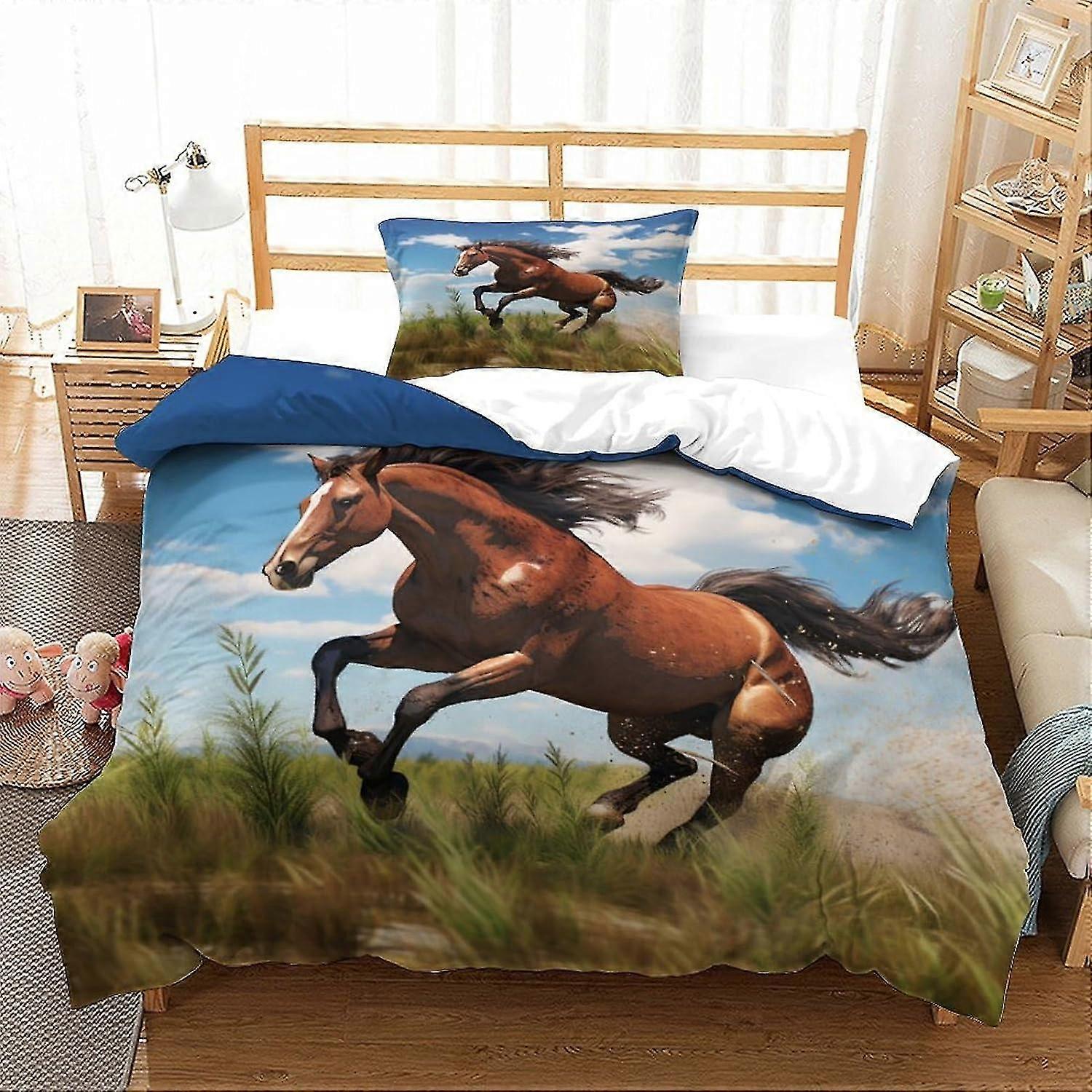 Conjunto de capa de edredão de cavalo leve macio e respirável para crianças e adultos com impressão 3D e fronha