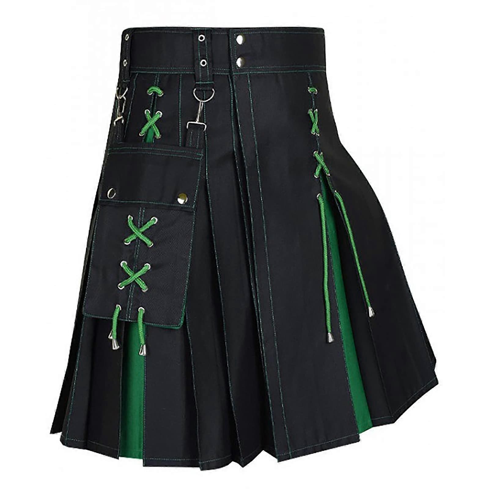 Scottish Skirt Men's Kilt Punk Kendo Pocket Skirt Pleated Scottish Clothing Medieval Splice Steampunk Model 03 Green XL