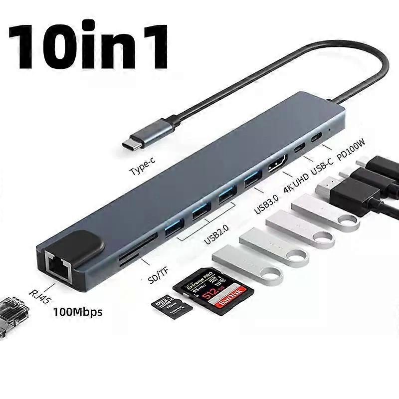 8in1 USB C Docking Station Hub Type-C Thunderbolt3 To 4K UHD TF/SD Card Reader USB 2.0 100M RJ45 Ethernet PD Charging Splitter