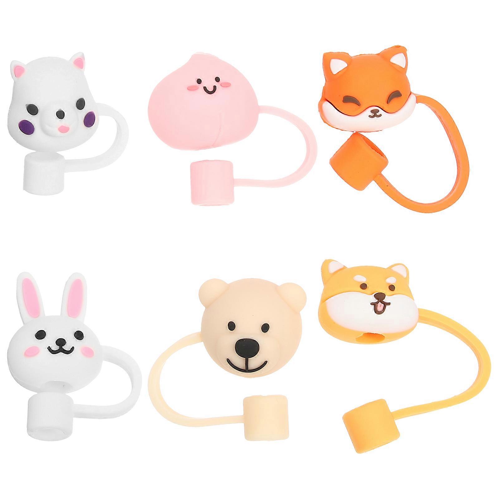 Lovely Straw Plugs Animal Shape Straw Tips Cover Reusable Washable Decorative Non-Slip Easy to Fix Safe to Use 6Pcs for Party