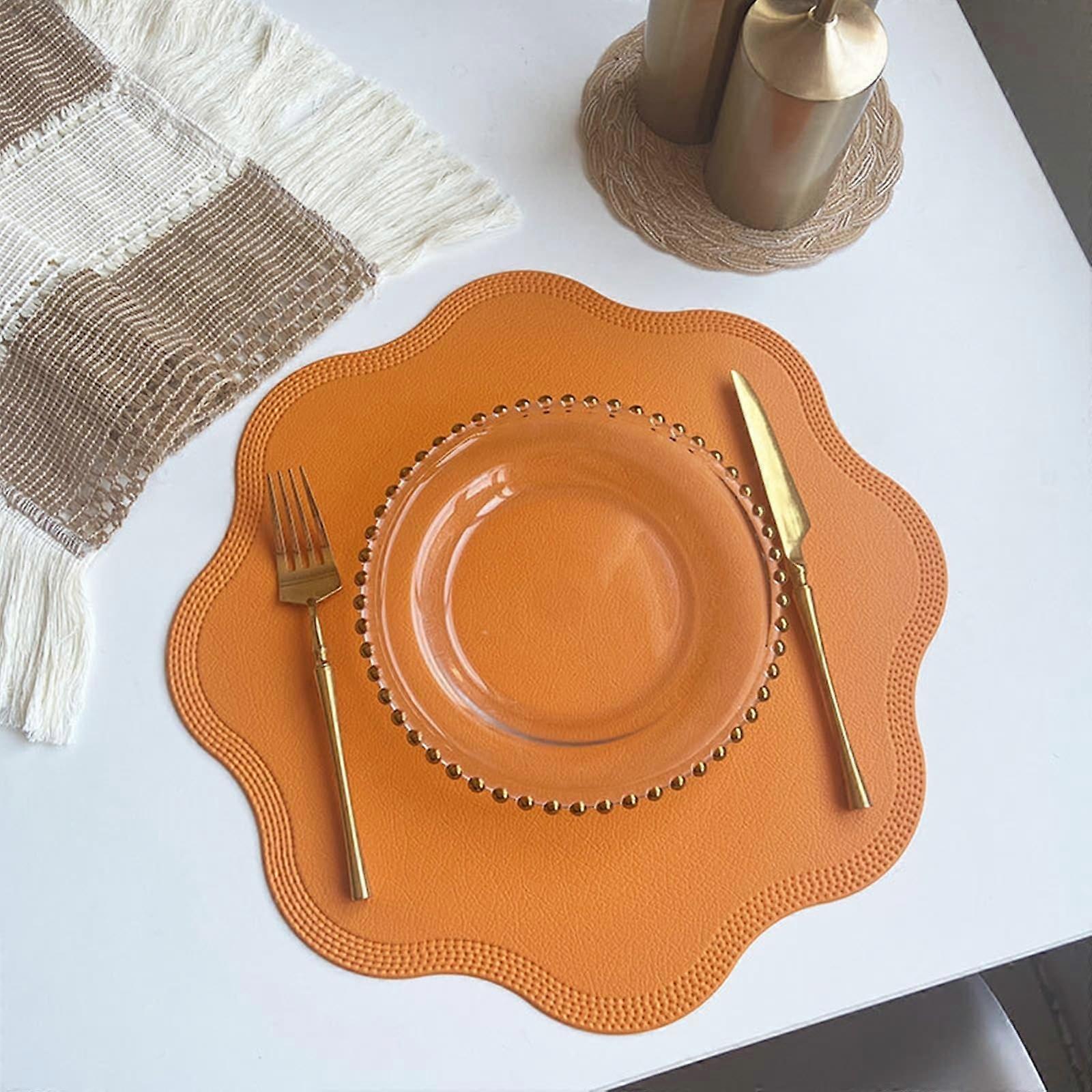 Set Of 4 Place Mats Washable PVC Leather Non Slip Boho Floral Pattern Orange 38 Cm For Home Restaurant Dining Table