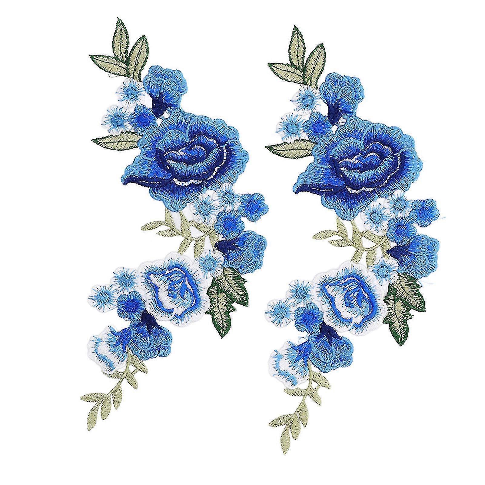 Blue Rose Pattern Flower Patches - Set of 2 Polyester Silk Decorative DIY Embroidery Patches for T-Shirts & Bags