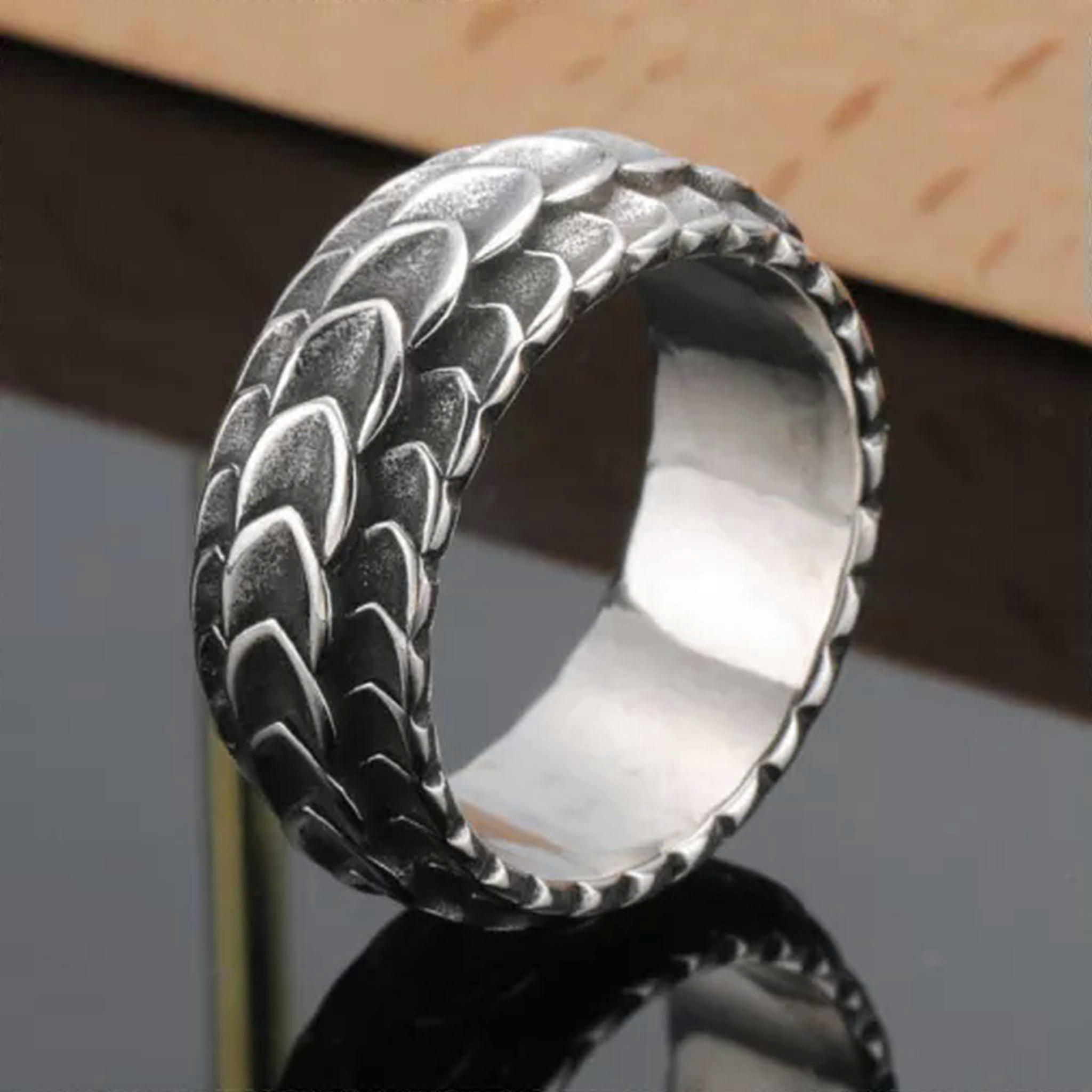 Dragon Scale Ring for Men Titanium Steel  Stainless Steel Silver 8