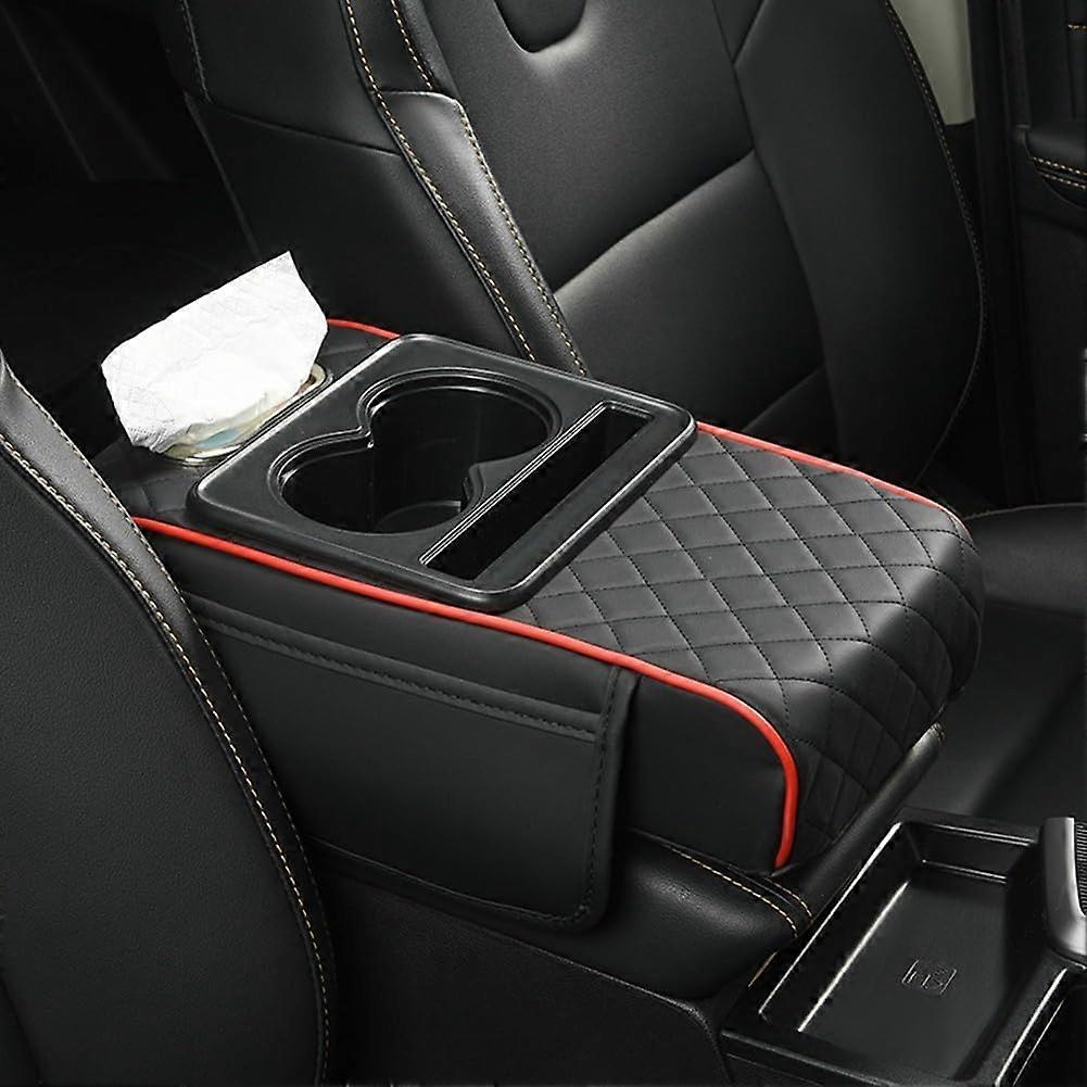 Comfortable Armrest Pad Leather For Car Center Console With Tissue Holder Black With Red Edge